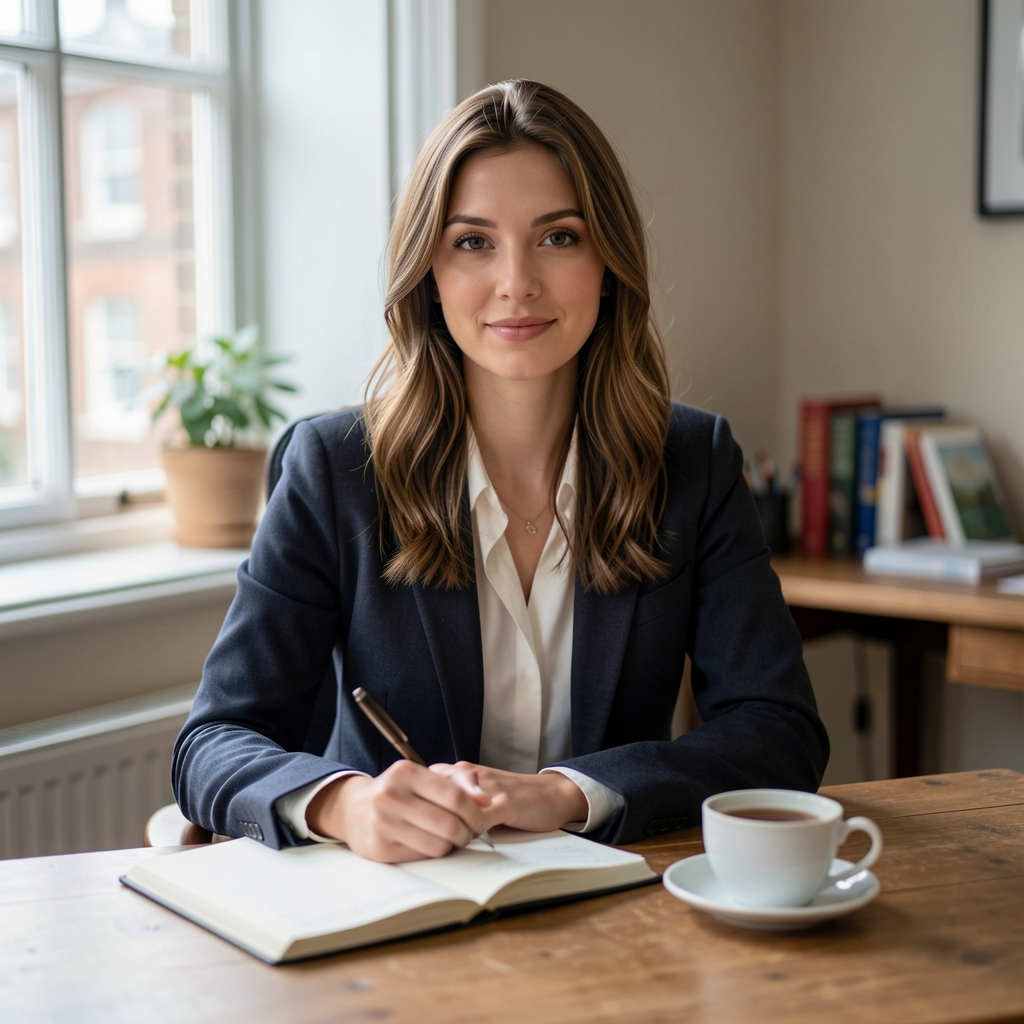 Beatrice Marsden seated at a wooden desk with an open notebook and a cup of tea, editorial portrait under diffused natural window light, quiet workspace in a London interior