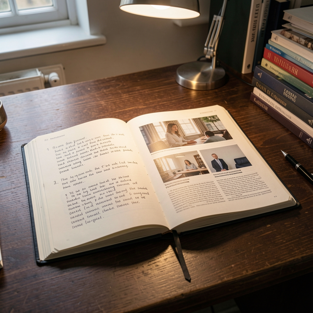 Open editorial notebook with handwritten draft notes and printed reference pages on a dark wooden desk, soft overhead light in a quiet London office setting
