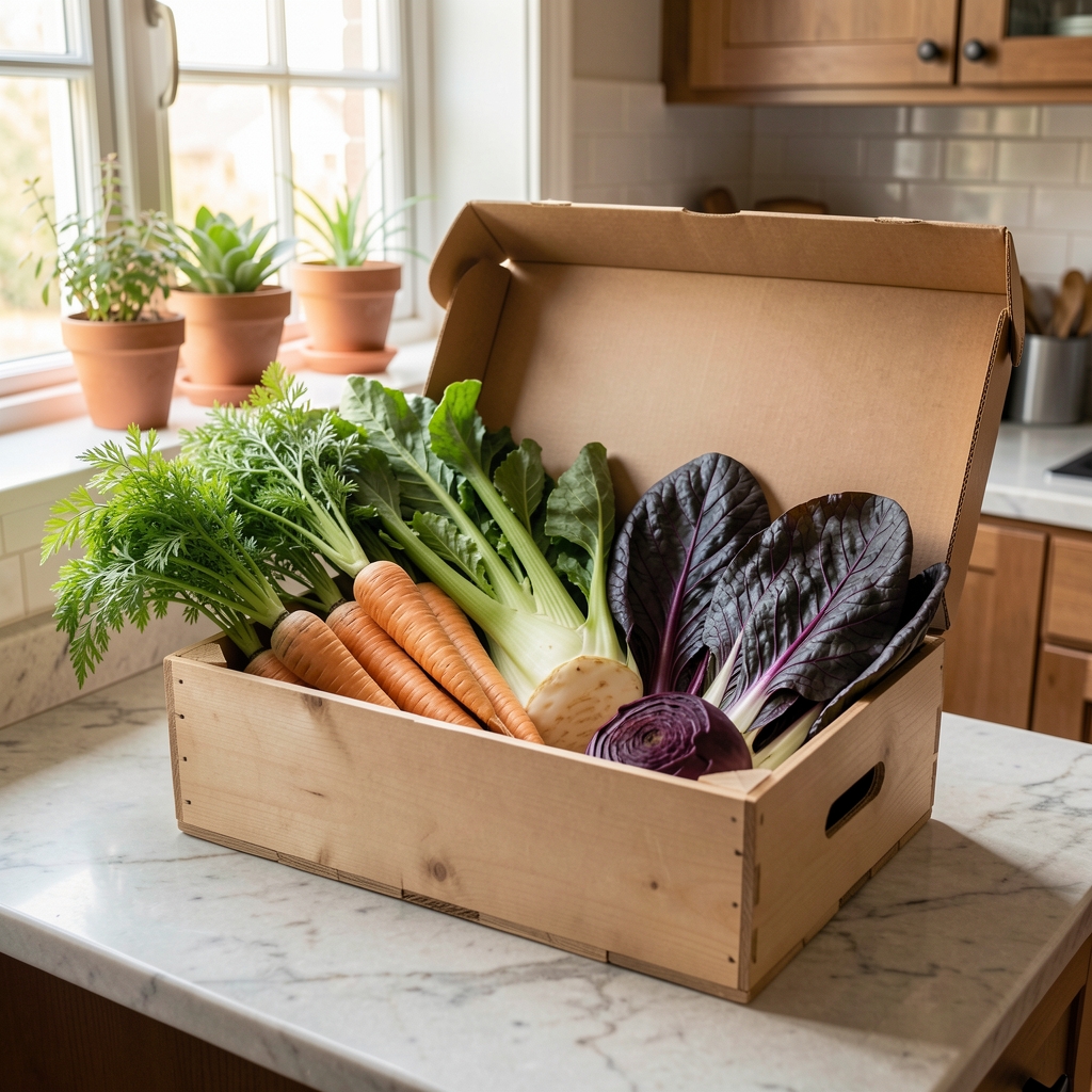 Open vegetable box on a kitchen counter with seasonal parsnips, celeriac, and cavolo nero, morning light through a window, considered composition