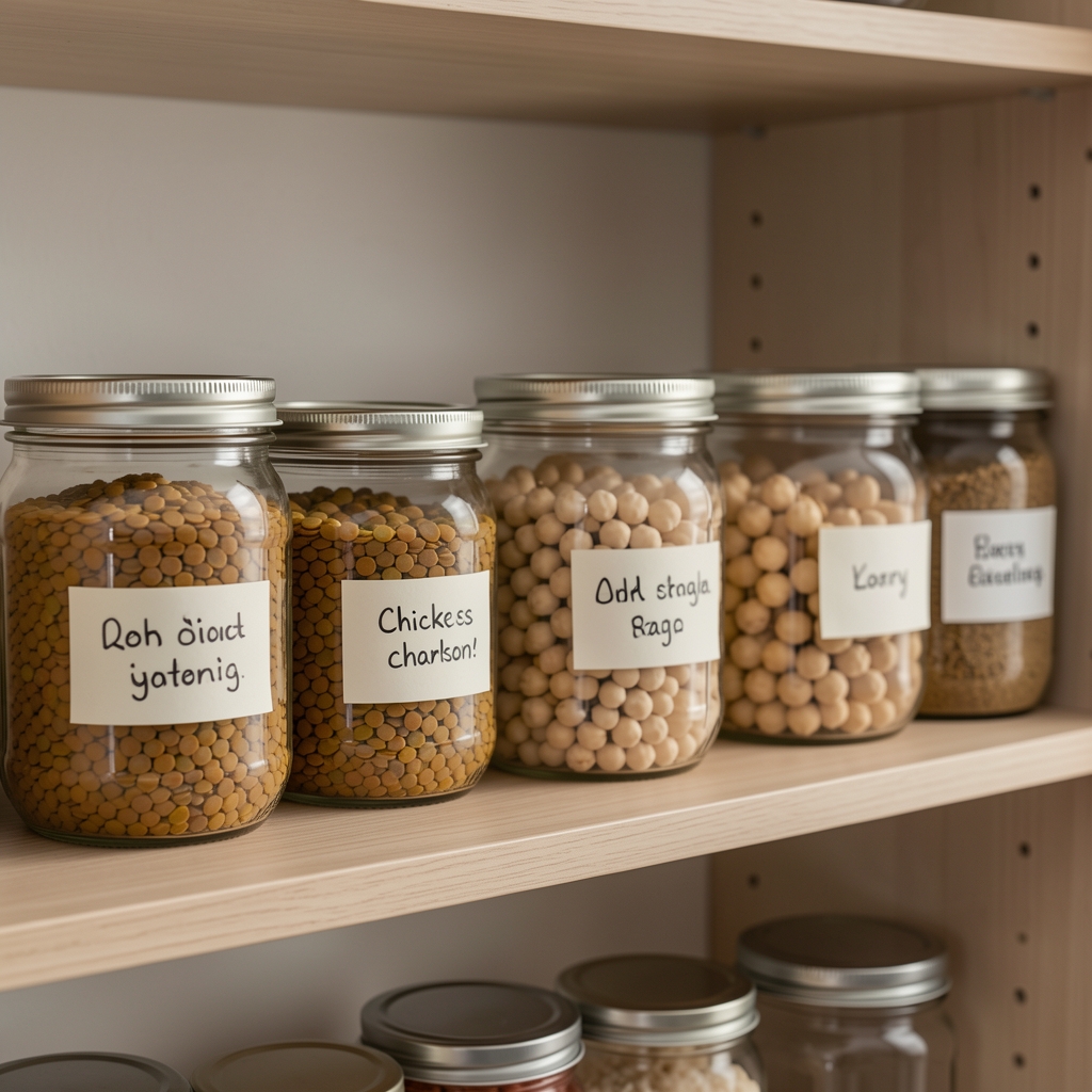 Glass jars of cooked lentils and chickpeas on a kitchen shelf with handwritten labels, clean and orderly pantry organisation, diffused indoor light