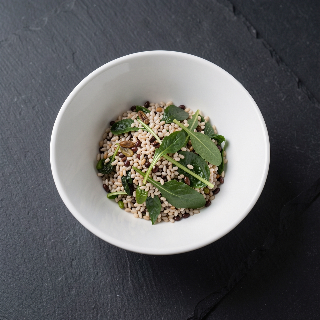 Single white ceramic bowl with a carefully composed portion of mixed grains and greens on a dark slate surface, soft overhead editorial lighting