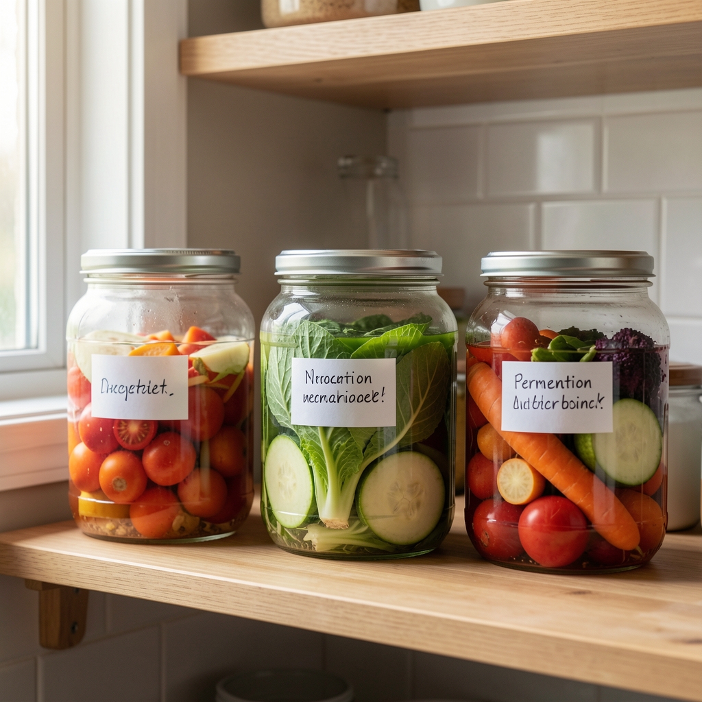 Row of three fermentation jars on a kitchen shelf with different vegetables at various stages of preparation, labels in handwriting, soft side-window light