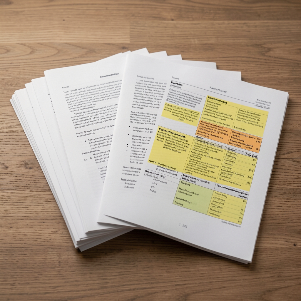 Stack of printed nutrition research papers and a highlighted journal article on a wooden surface under diffused studio light, editorial reference material