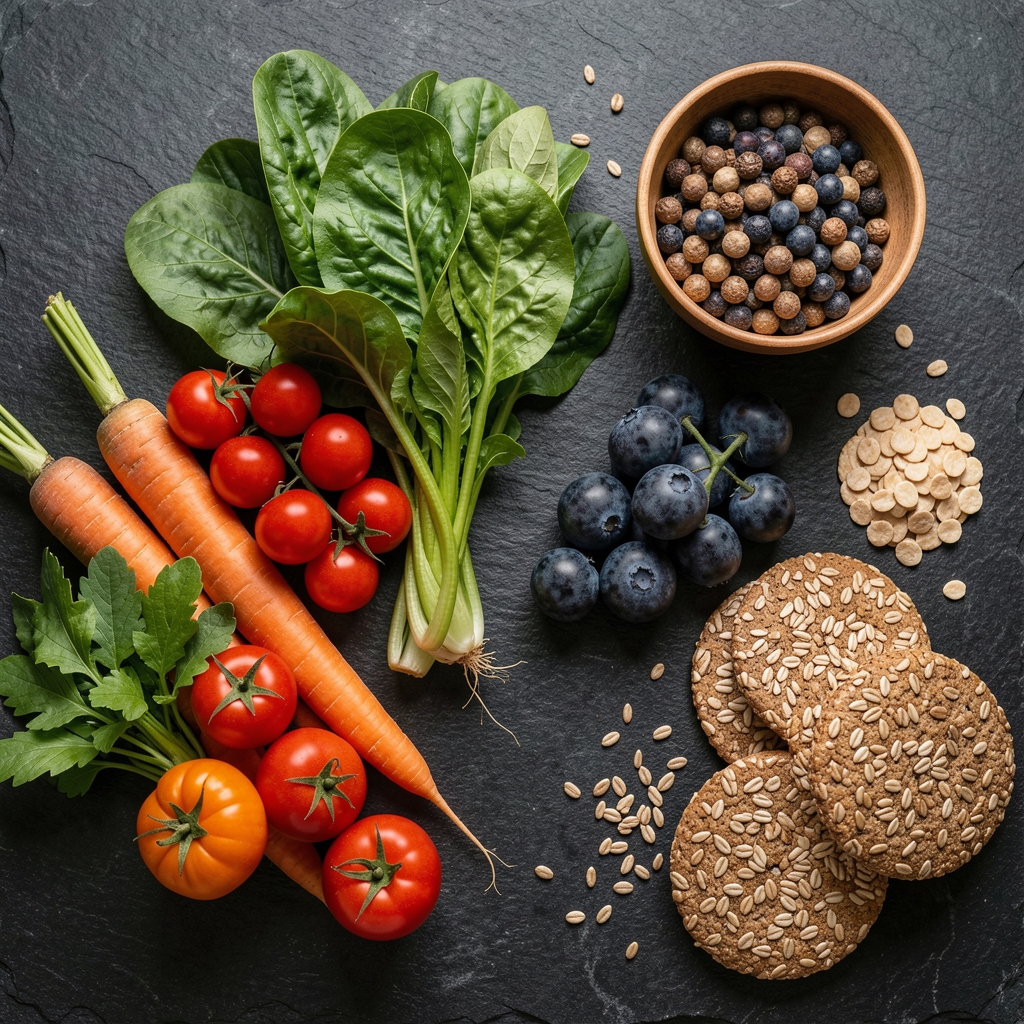 Vibrant fresh vegetables and whole-grain foods arranged on a dark stone surface under natural studio lighting, overhead editorial perspective